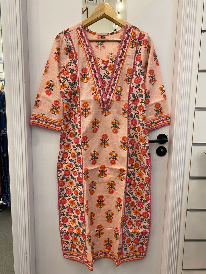 KURTA-Peach & Red Cotton