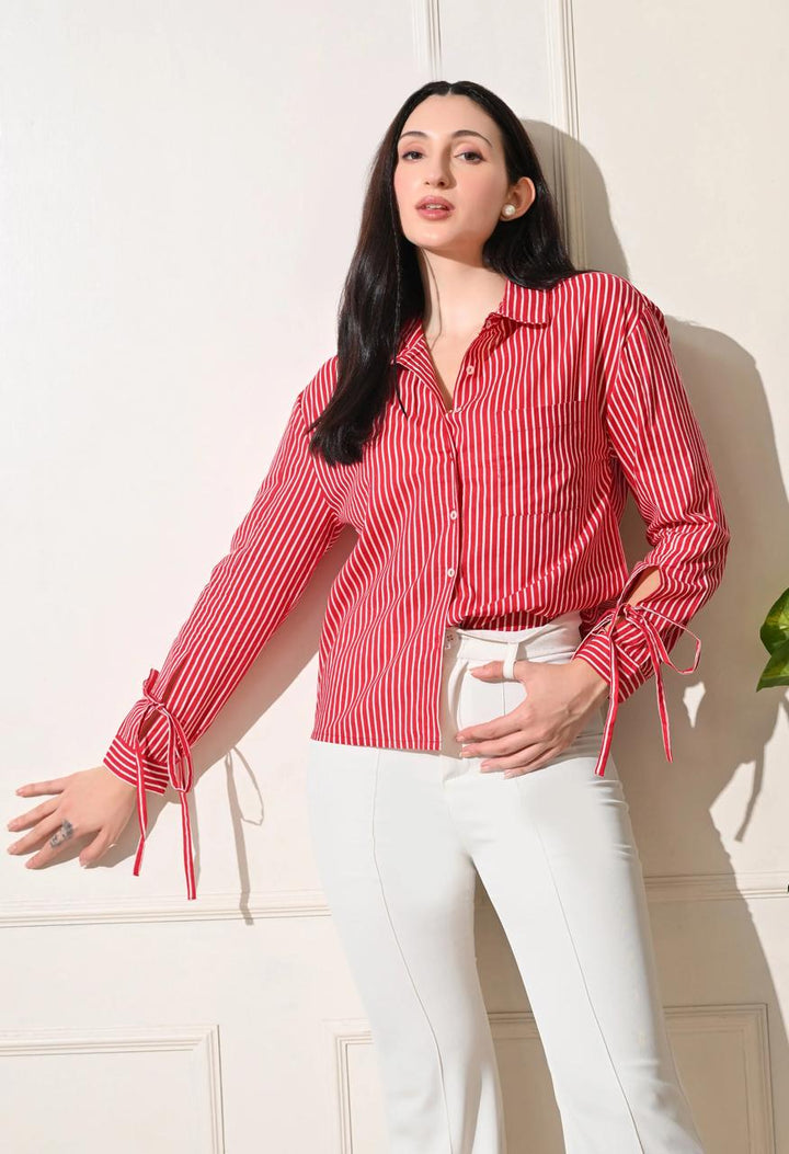 TOP-Red Strips Cotton Short Top