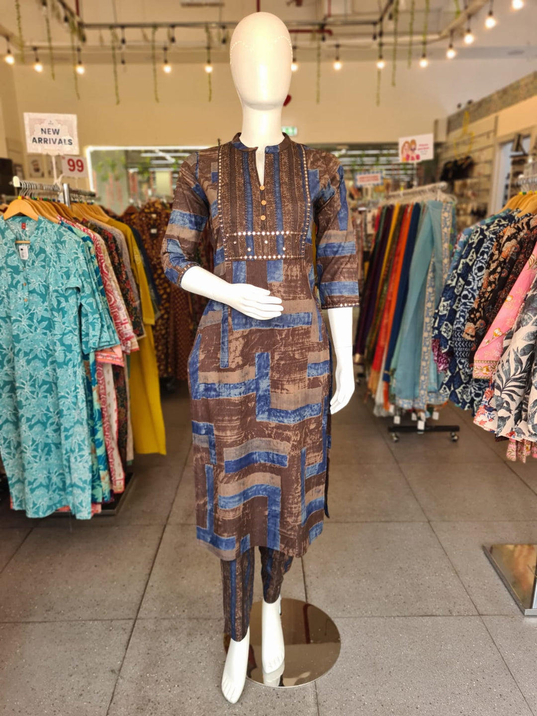 DUPATTA SET-Brown Blue Straight Cotton