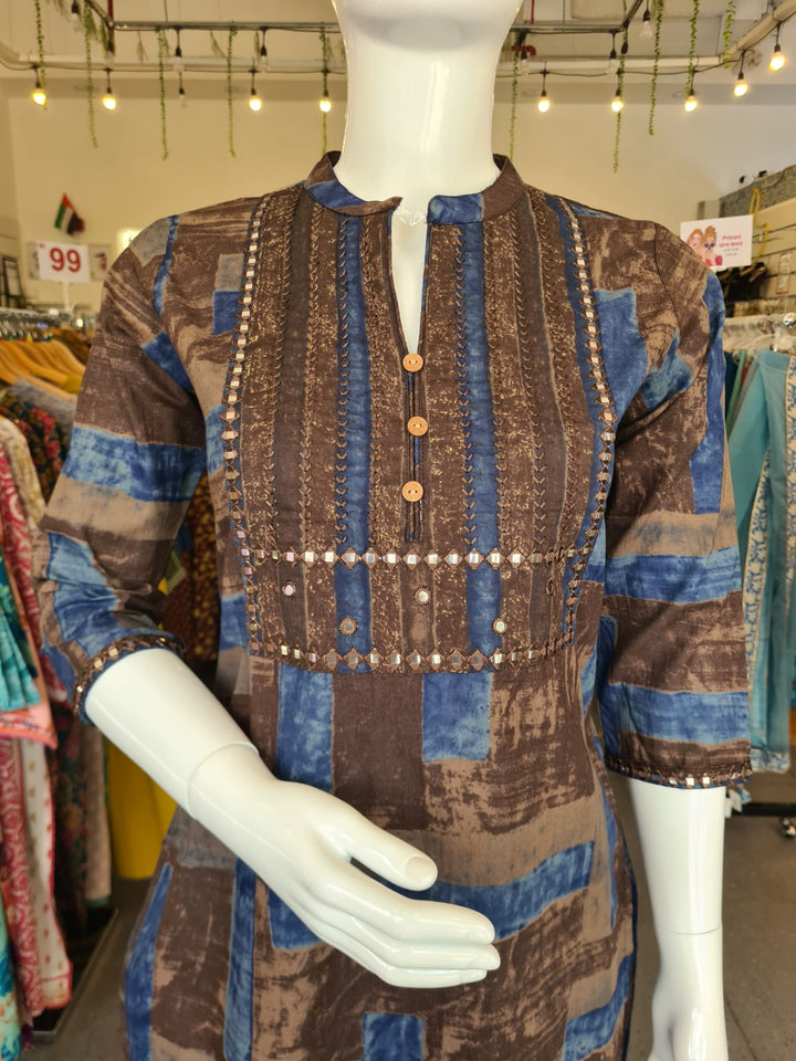 DUPATTA SET-Brown Blue Straight Cotton