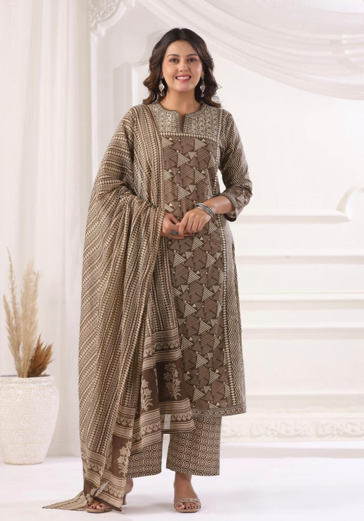 DUPATTA SET-Brown Straight Cotton