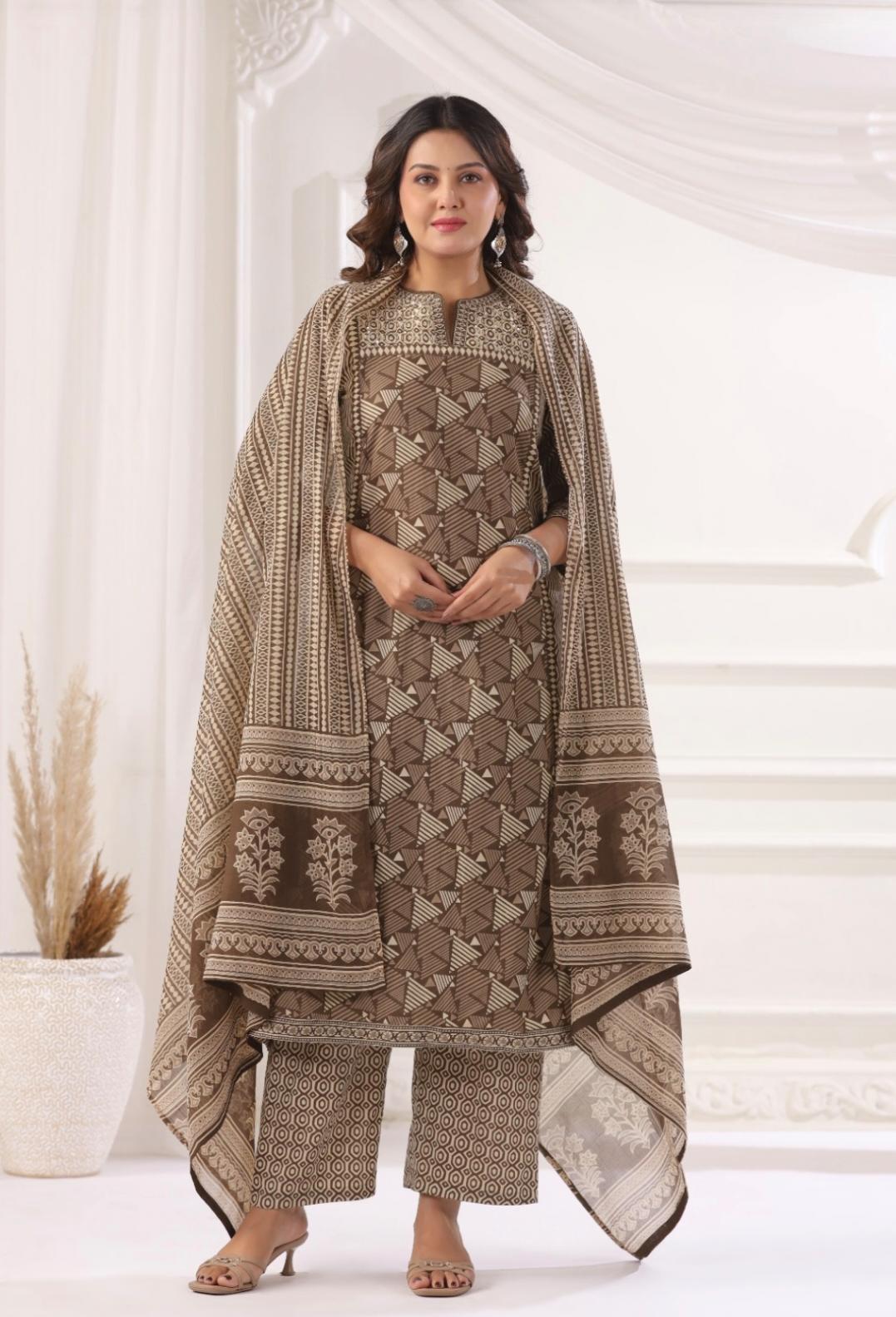DUPATTA SET-Brown Straight Cotton