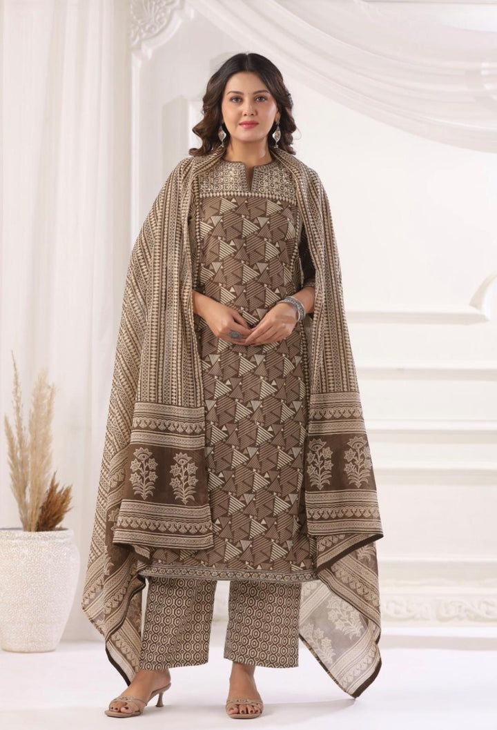 DUPATTA SET-Brown Straight Cotton