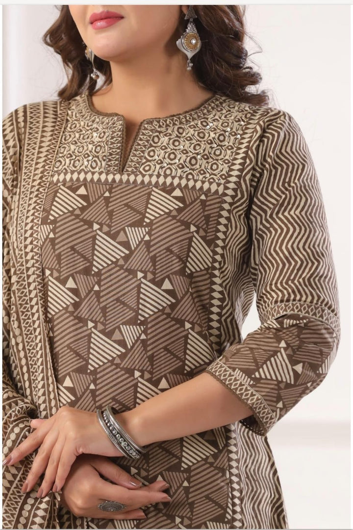 DUPATTA SET-Brown Straight Cotton