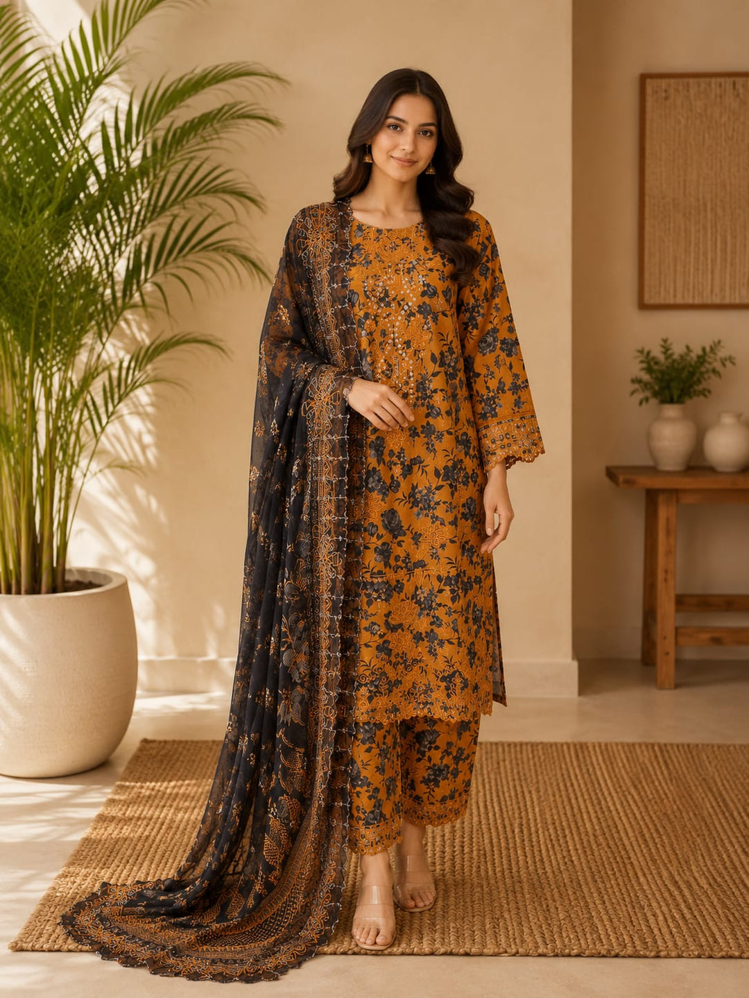 DUPATTA SETS-Straight Emb Mustard