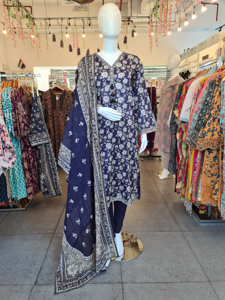 DUPATTA SETS-Straight Print Navy