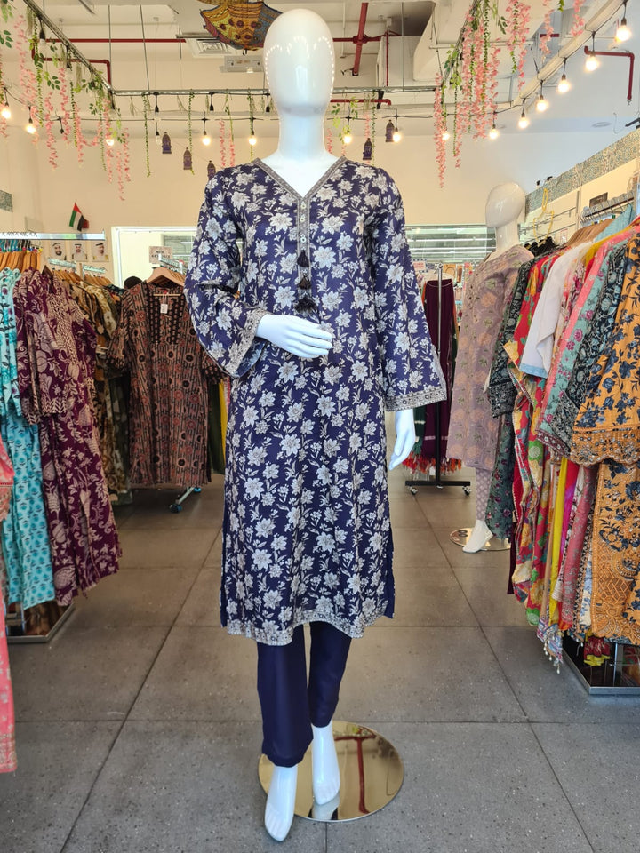 DUPATTA SETS-Straight Print Navy