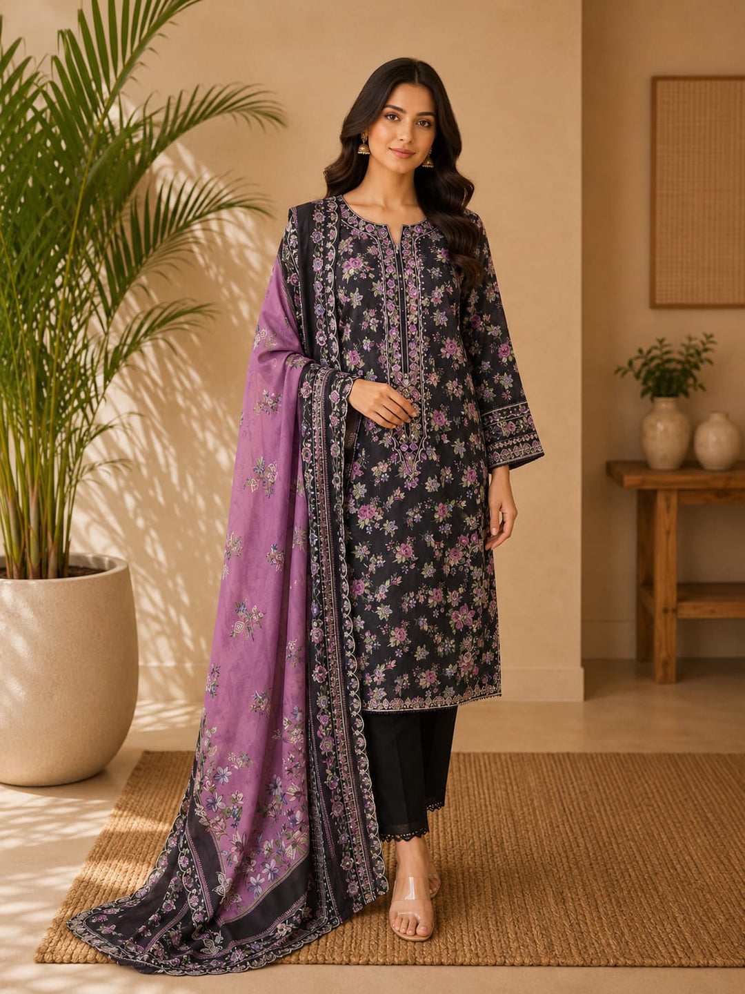 DUPATTA SETS-Straight Emb Black