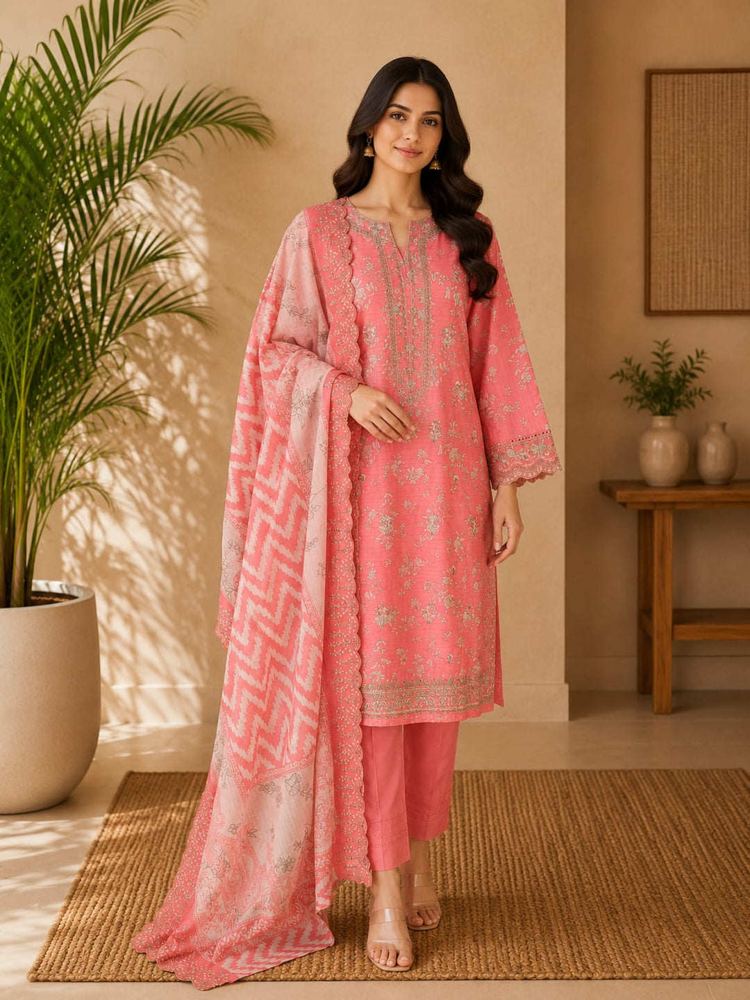DUPATTA SETS-Straight Emb Peach