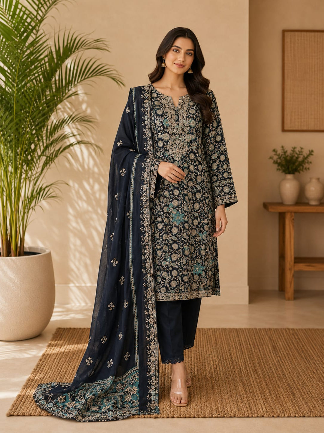 DUPATTA SETS-Straight Emb Blue