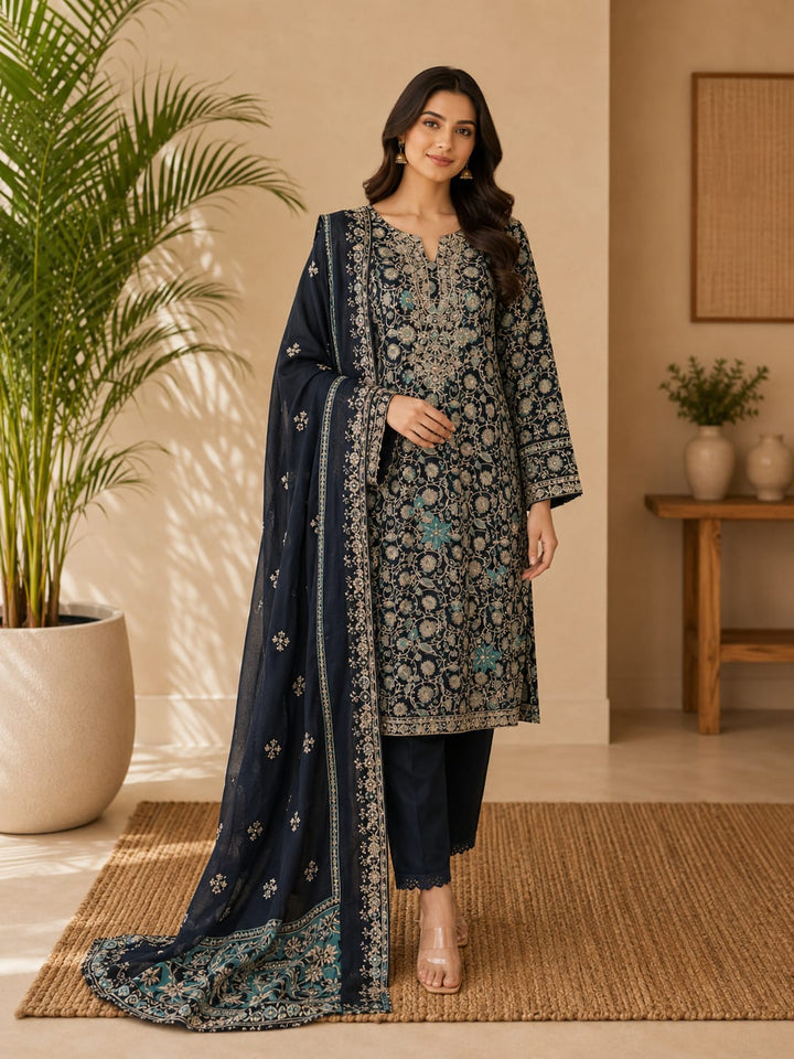DUPATTA SETS-Straight Emb Blue