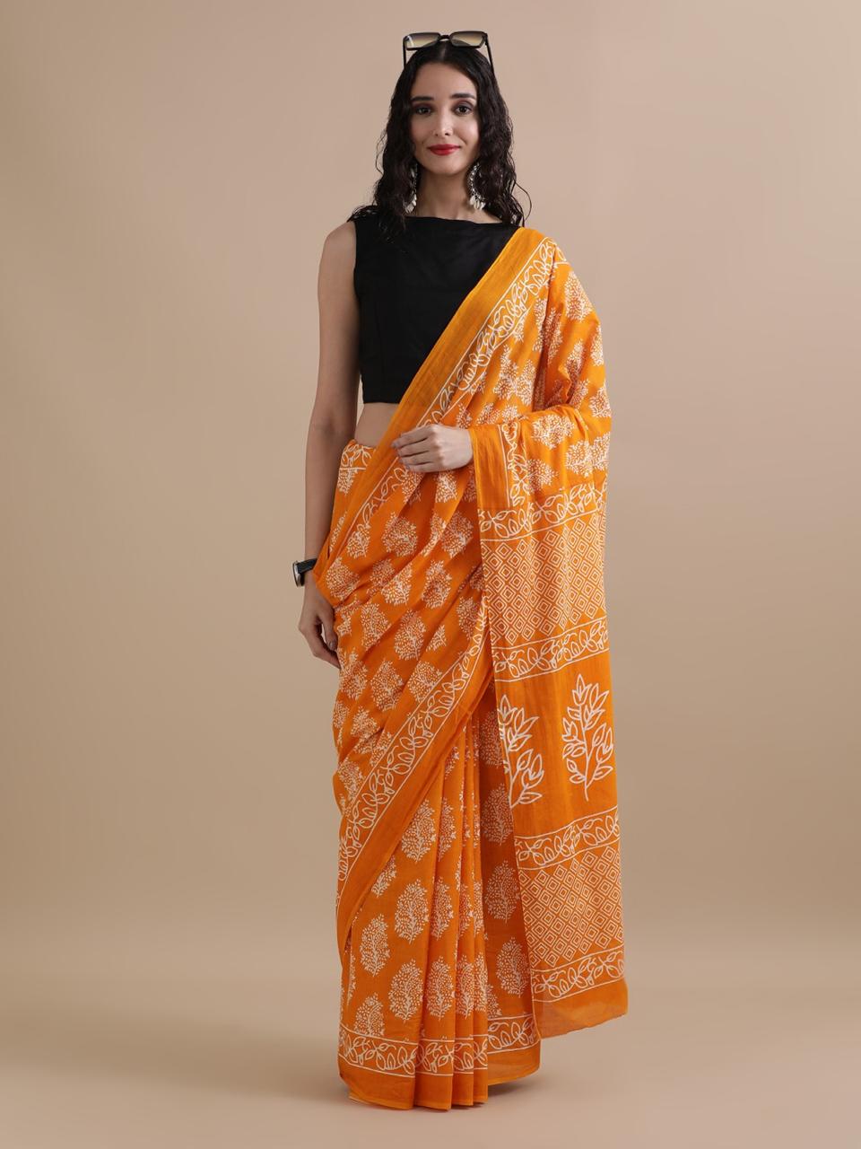 SAREE-Orange Block Print Mulcotton