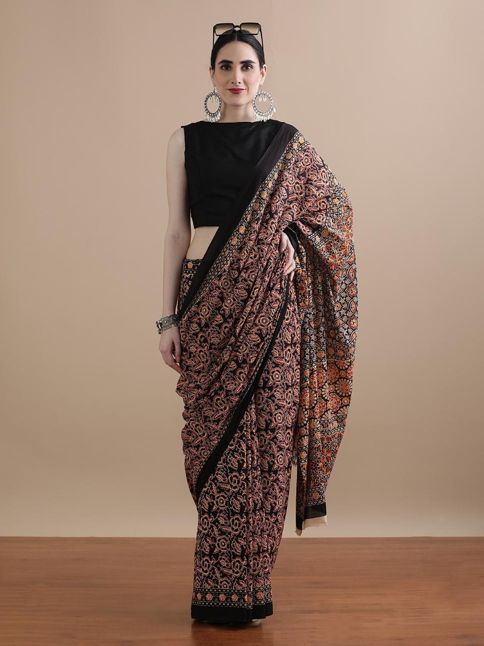 SAREE-Midnight Bloom Block Print Mulcotton
