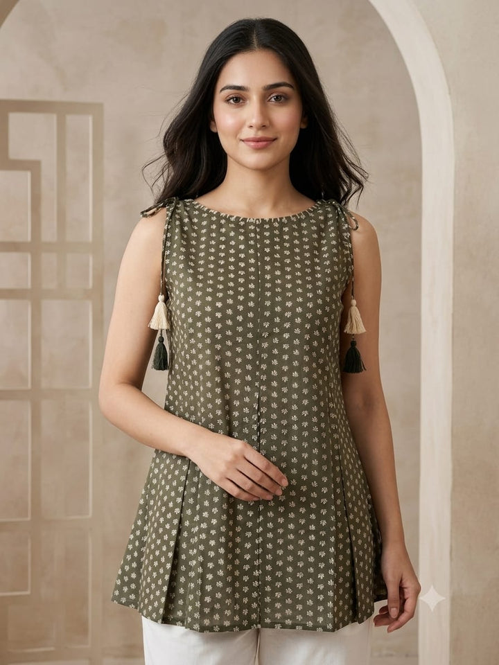 TOP-Green Cotton Sleeveless