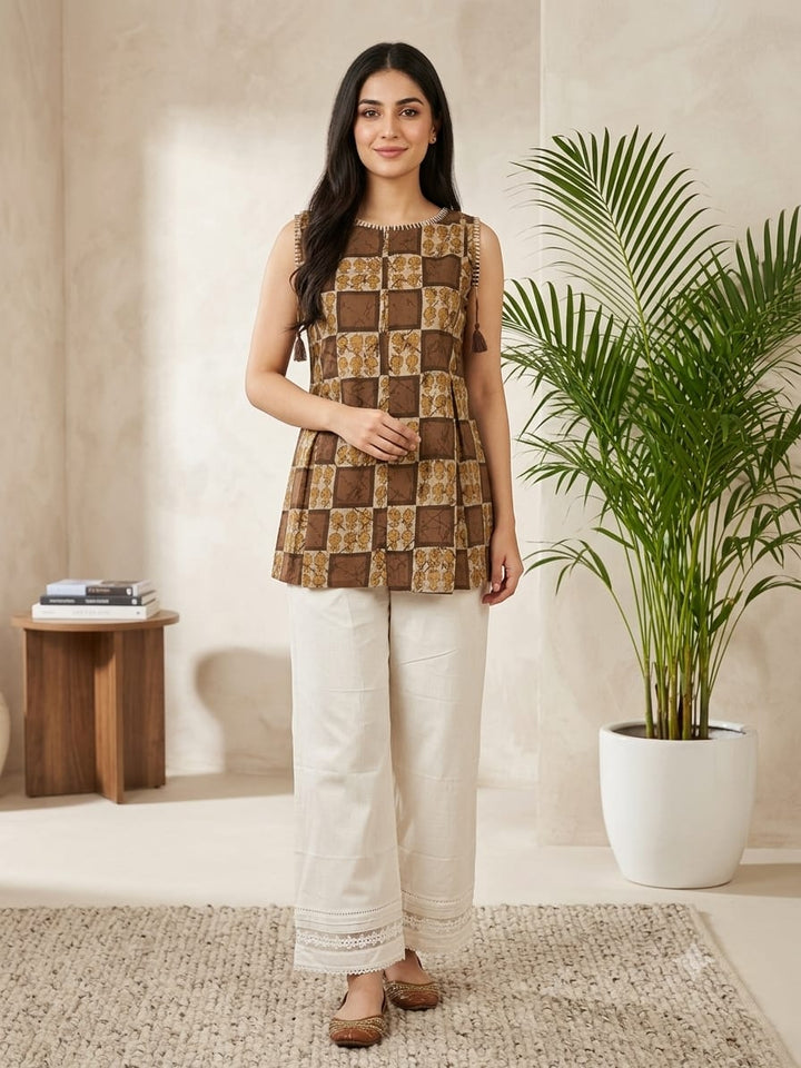 TOP-Brown Sleeveless Cotton