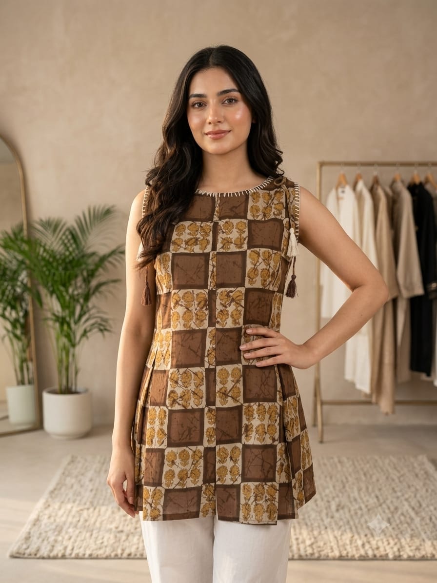 TOP-Brown Sleeveless Cotton