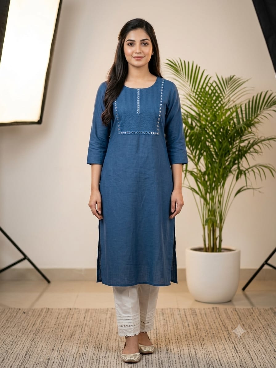 KURTA-Blue Solid Cotton