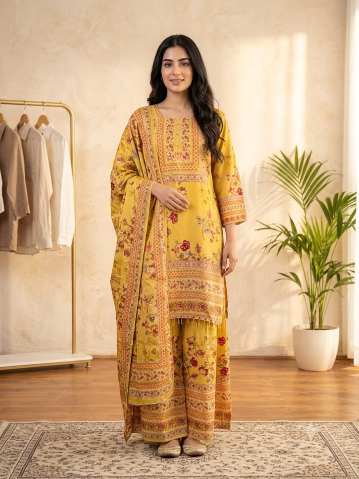 DUPATTA SET-Mustard Floral Mirror
