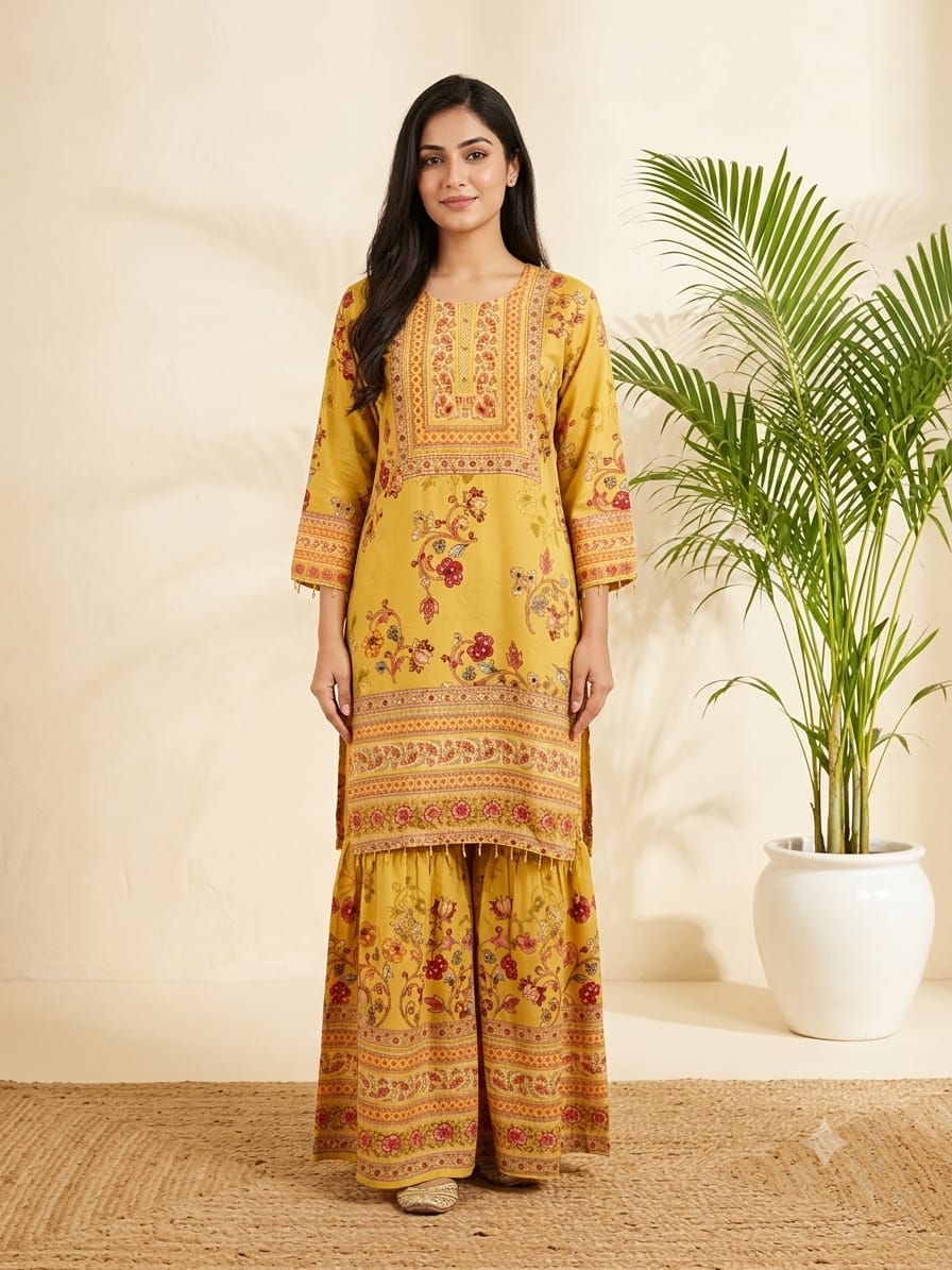 DUPATTA SET-Mustard Floral Mirror