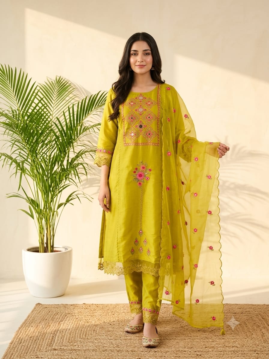 DUPATTA SET Lemon Green Mirror Work