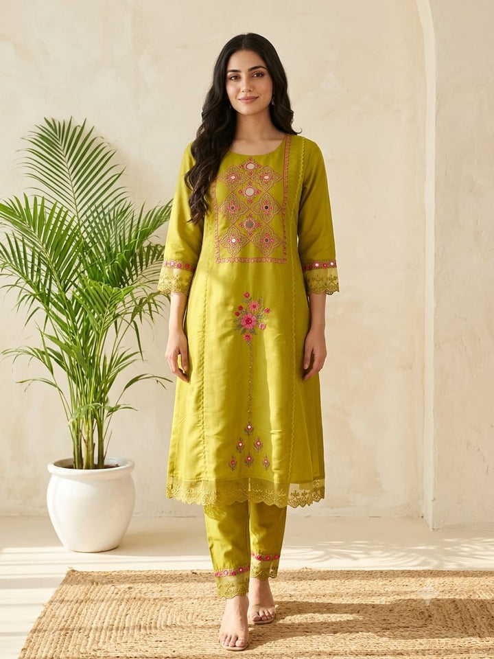 DUPATTA SET Lemon Green Mirror Work