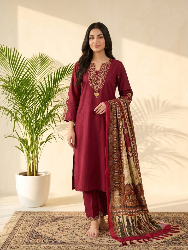 DUPATTA SET Maroon Rayon