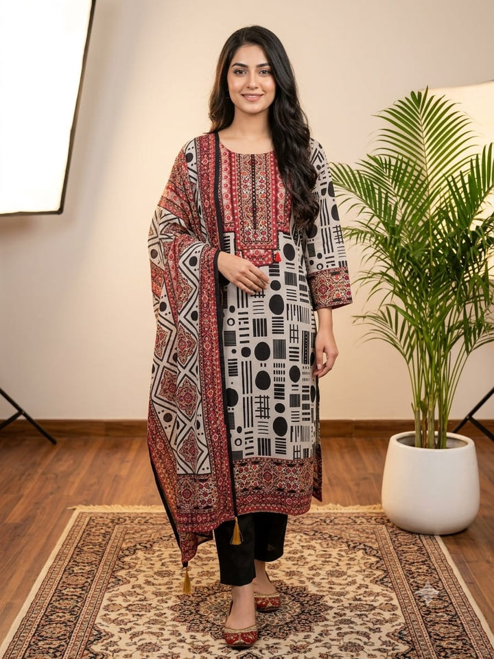 DUPATTA SET B&W Maroon Yolk
