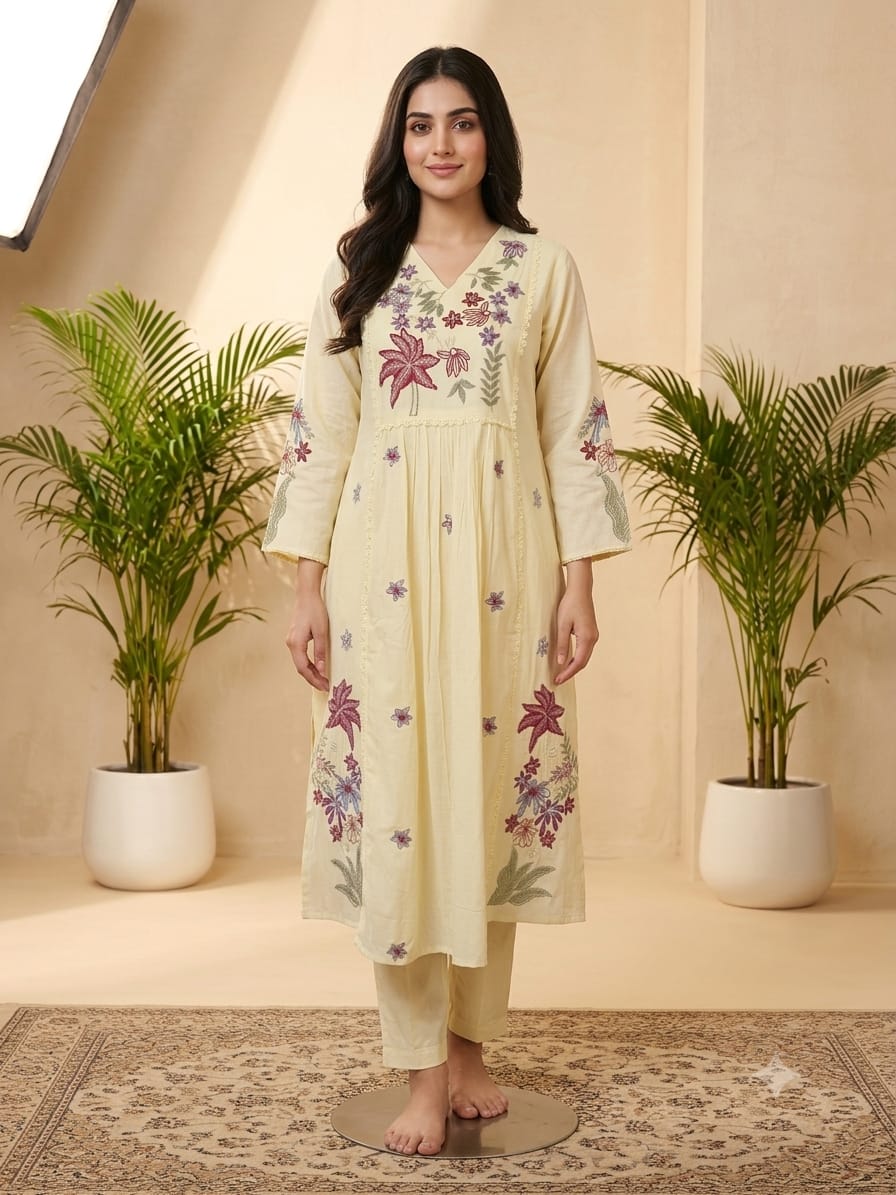 DUPATTA SET Creamish Floral Emb.