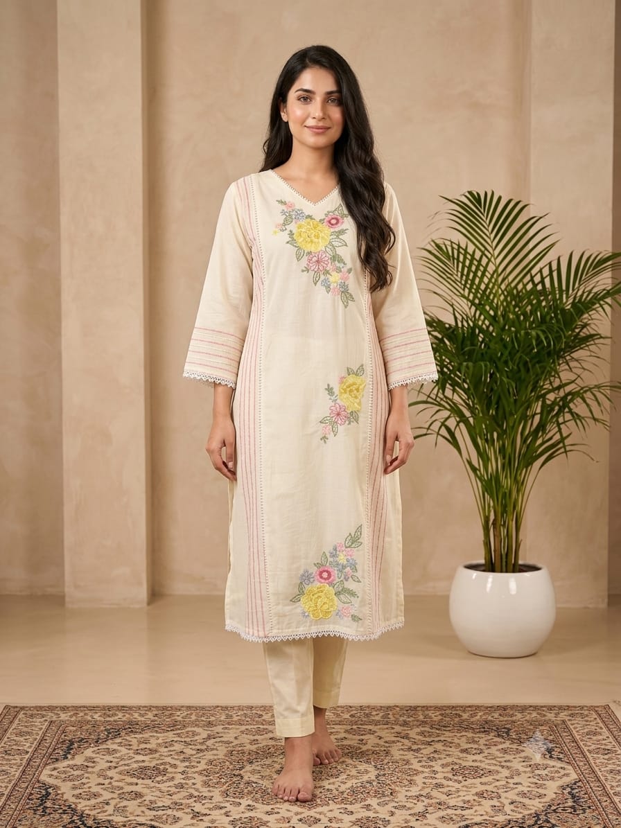 DUPATTA SET White, Yellow Floral Emb.