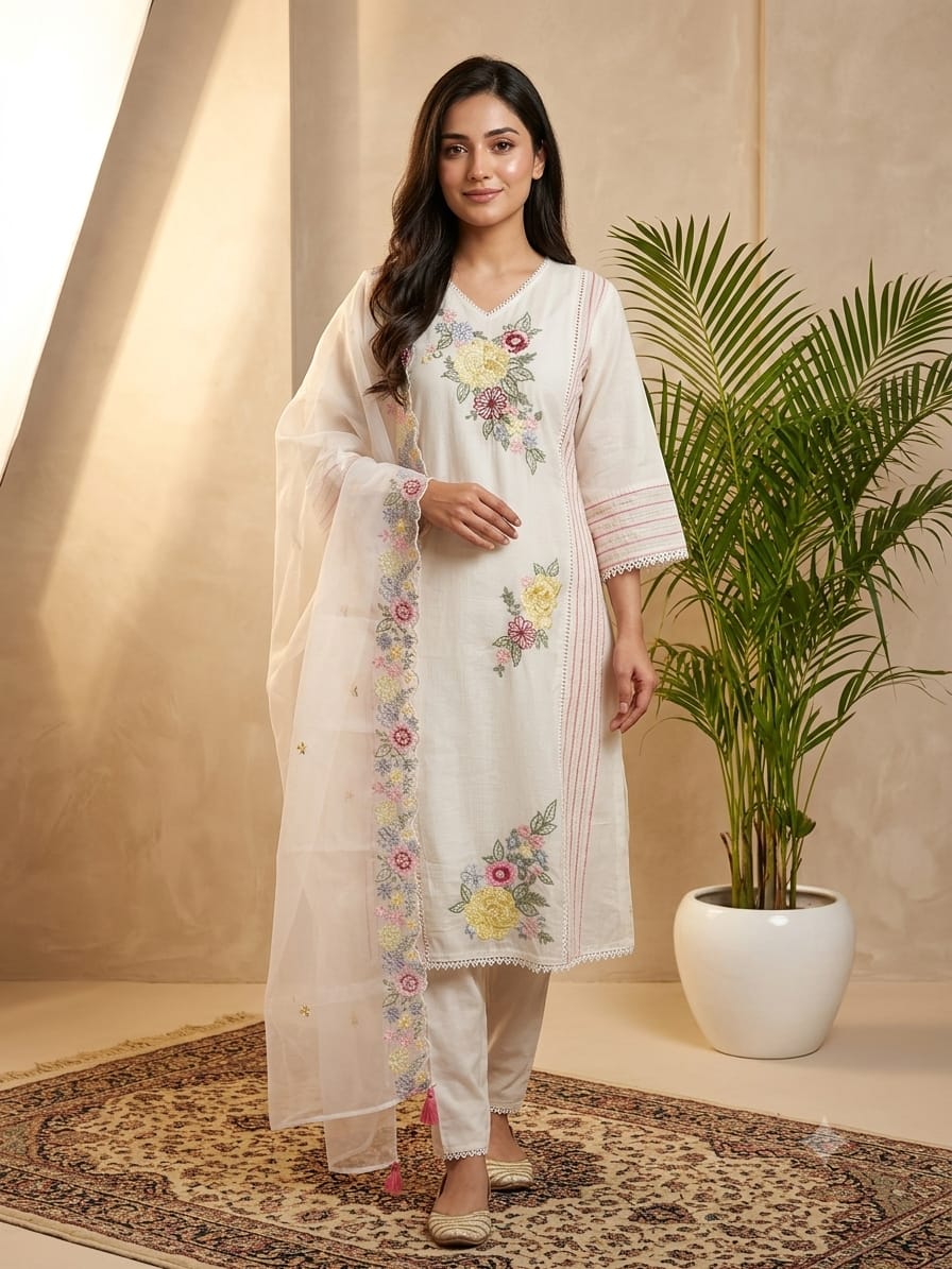 DUPATTA SET White, Yellow Floral Emb.