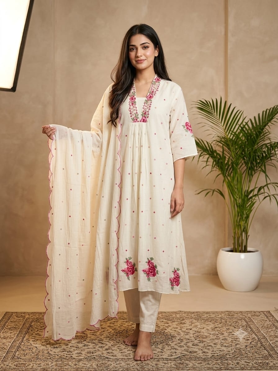 DUPATTA SET White Pink Floral Emb.