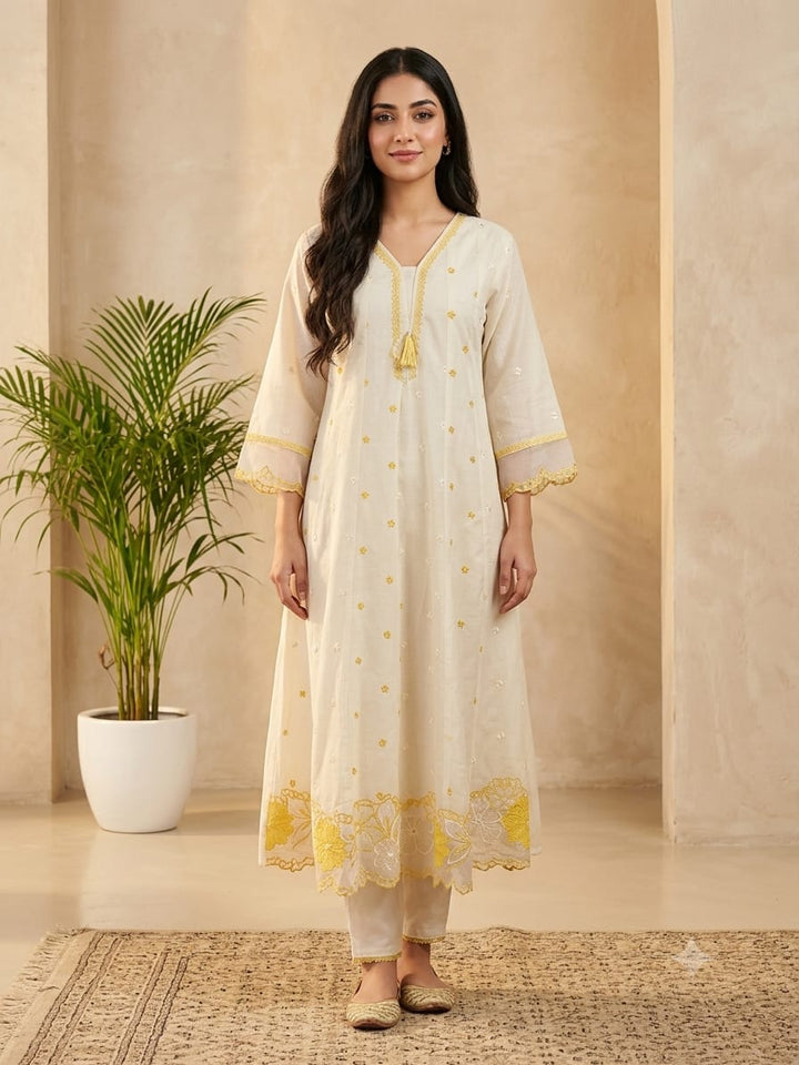 DUPATTA SET White Cotton Yellow Lace