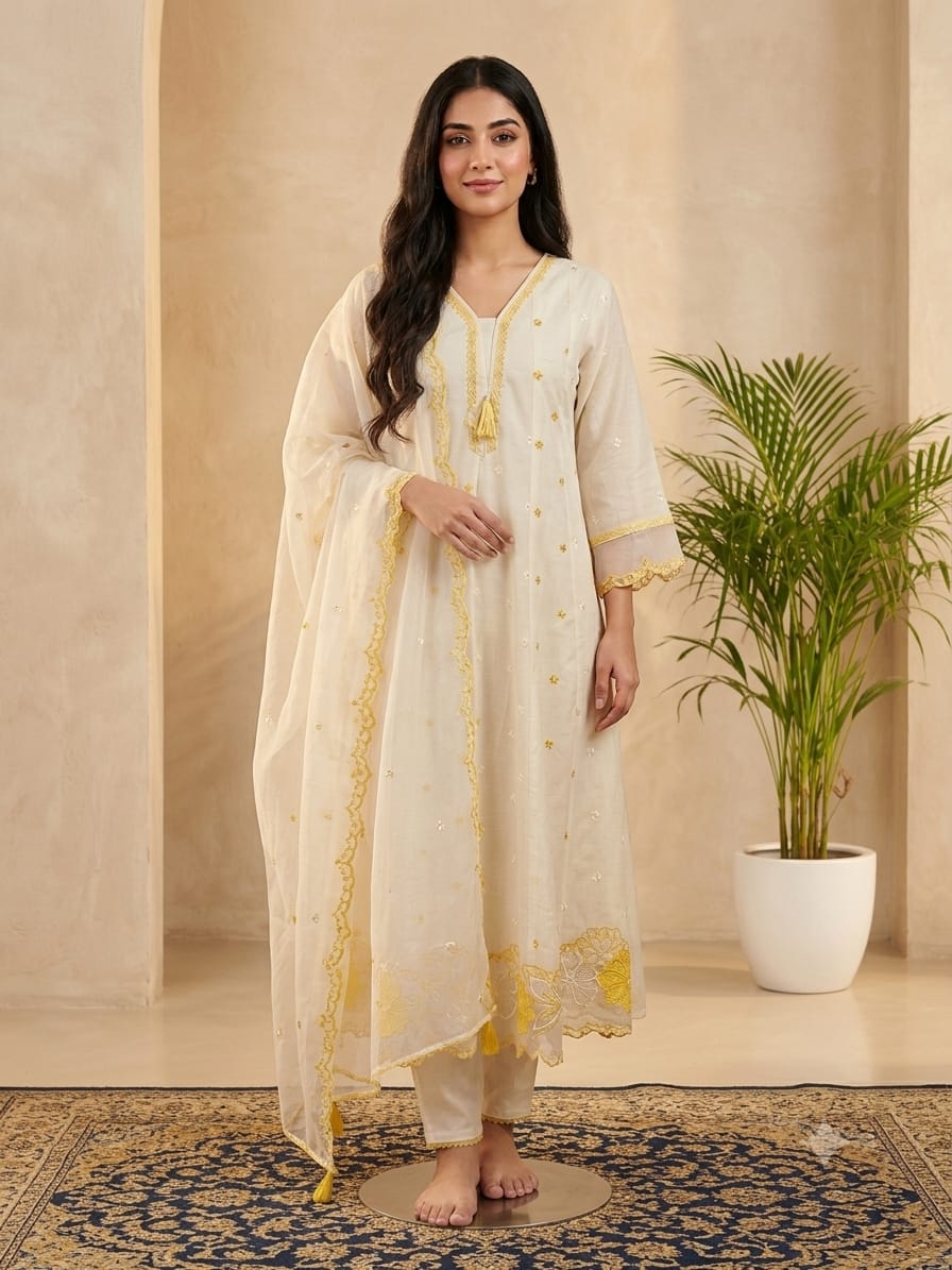 DUPATTA SET White Cotton Yellow Lace