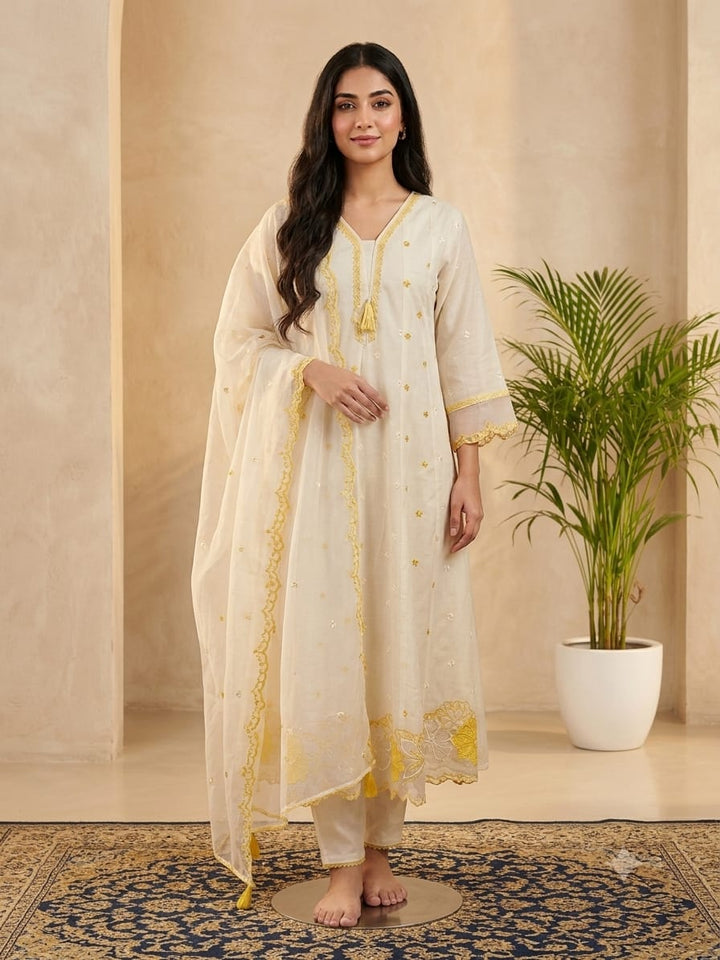 DUPATTA SET White Cotton Yellow Lace