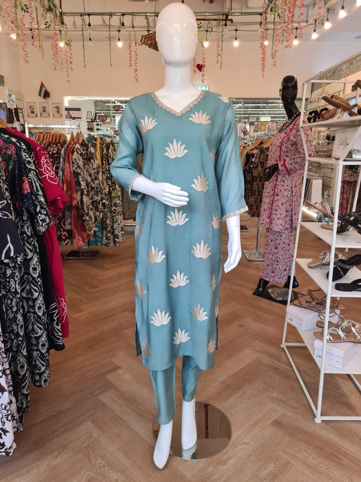 DUPATTA SET Dull Blue Maslin