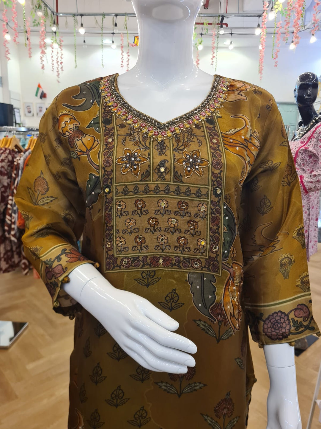 DUPATTA SET-Olive Green Mustard Emb.