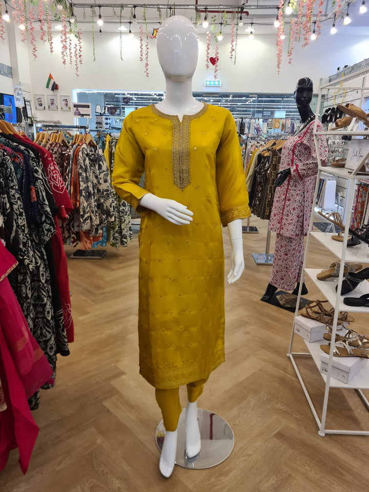 DUPATTA SET Yellow, Golden Neck Emb.