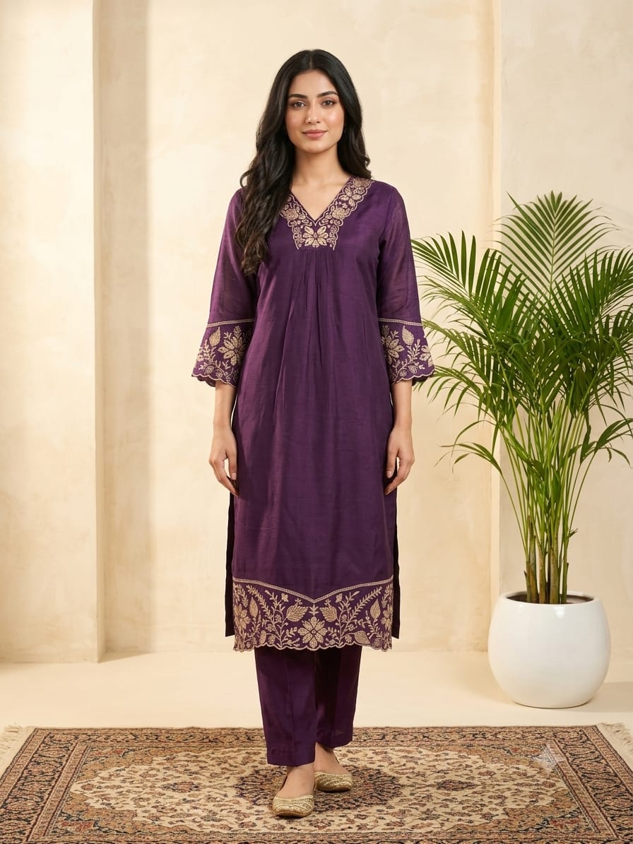 DUPATTA SET Purple Beige Floral Emb.
