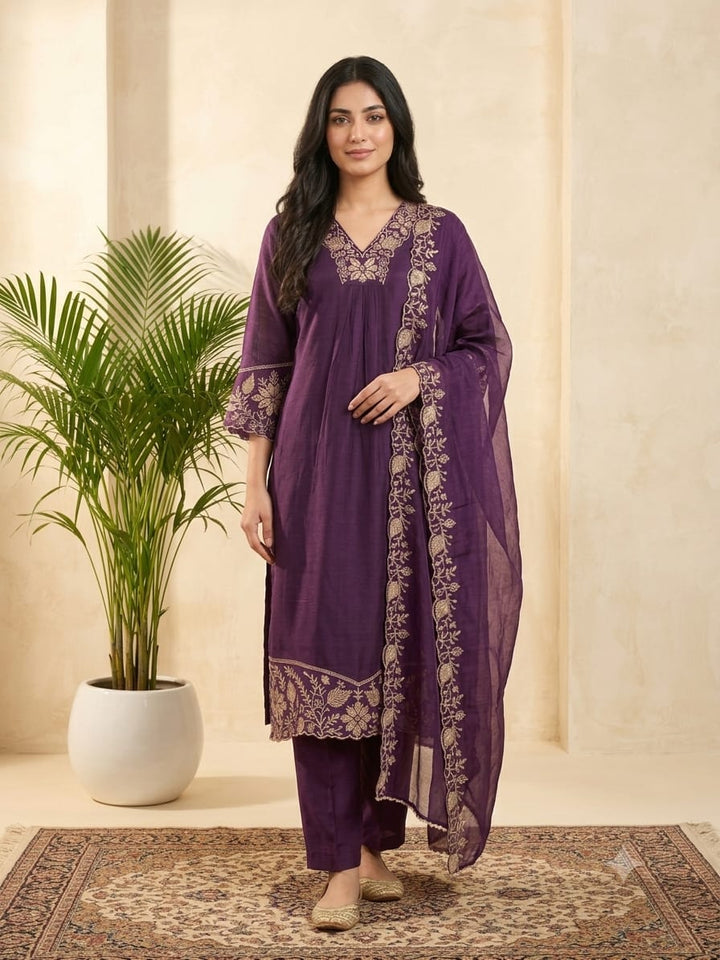DUPATTA SET Purple Beige Floral Emb.