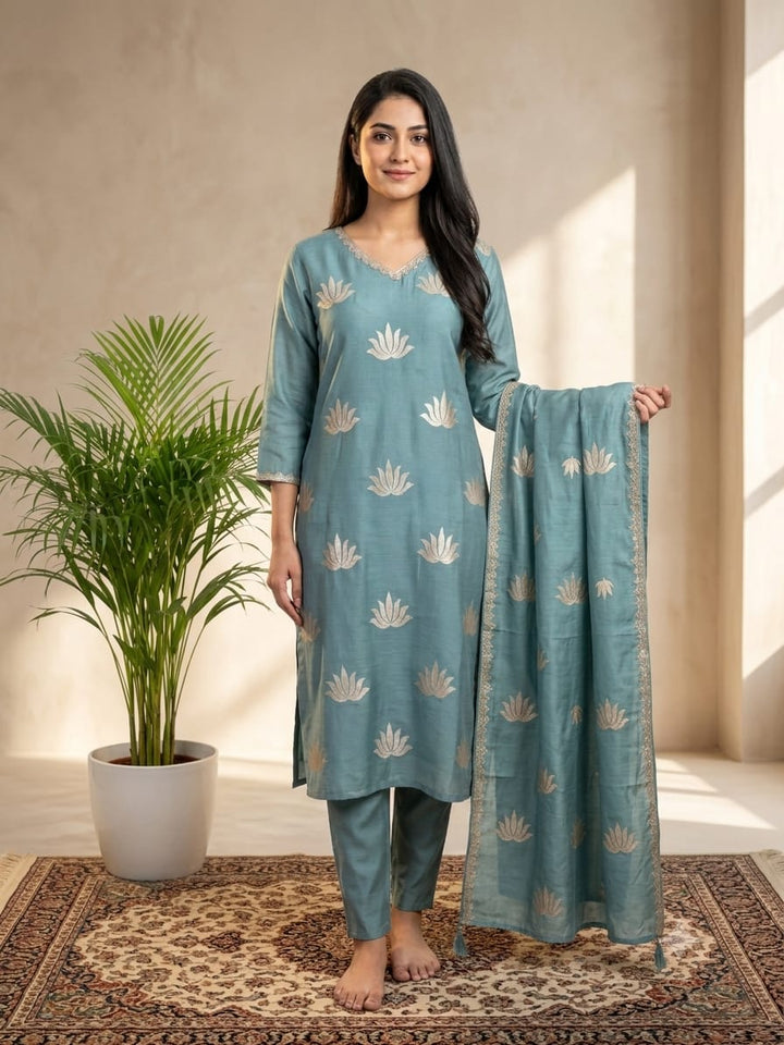 DUPATTA SET Dull Blue Maslin