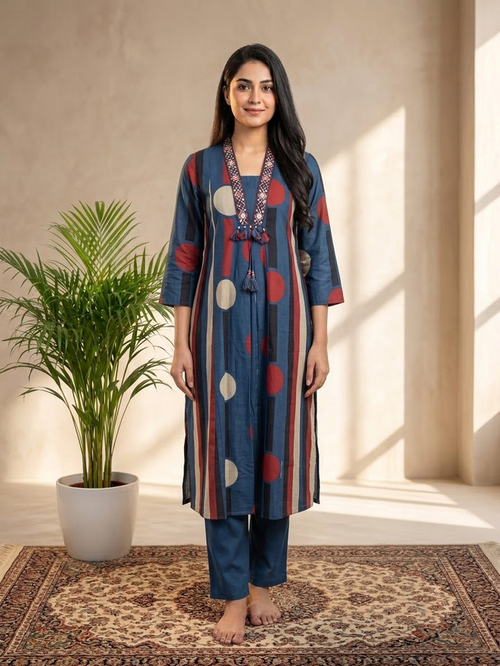DUPATTA SET Blue Polka Cotton Cotton