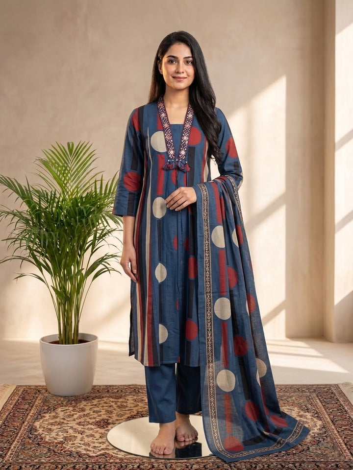 DUPATTA SET Blue Polka Cotton Cotton