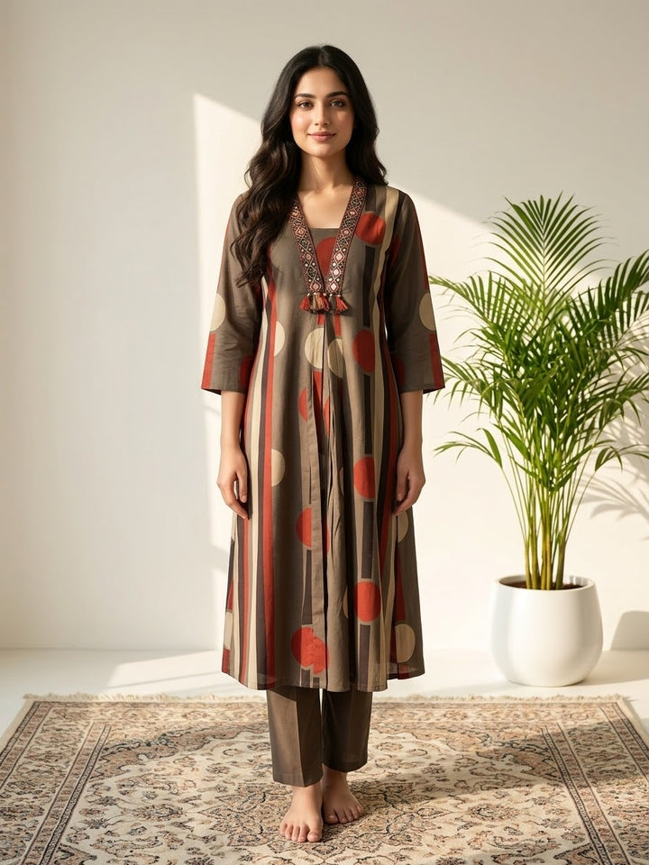 DUPATTA SET Brown Polka Cotton