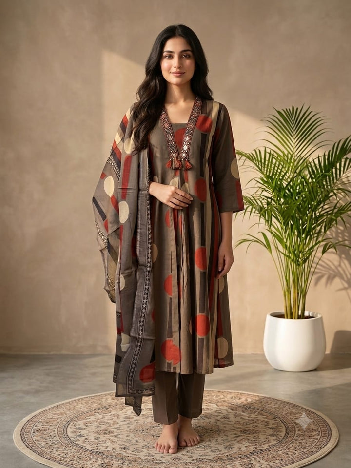 DUPATTA SET Brown Polka Cotton