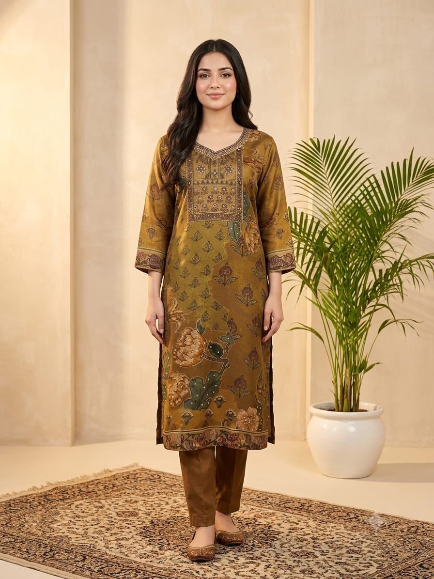 DUPATTA SET-Olive Green Mustard Emb.