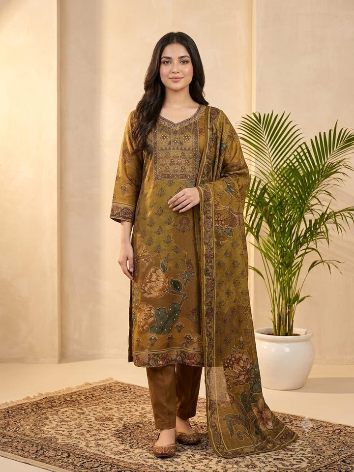 DUPATTA SET-Olive Green Mustard Emb.