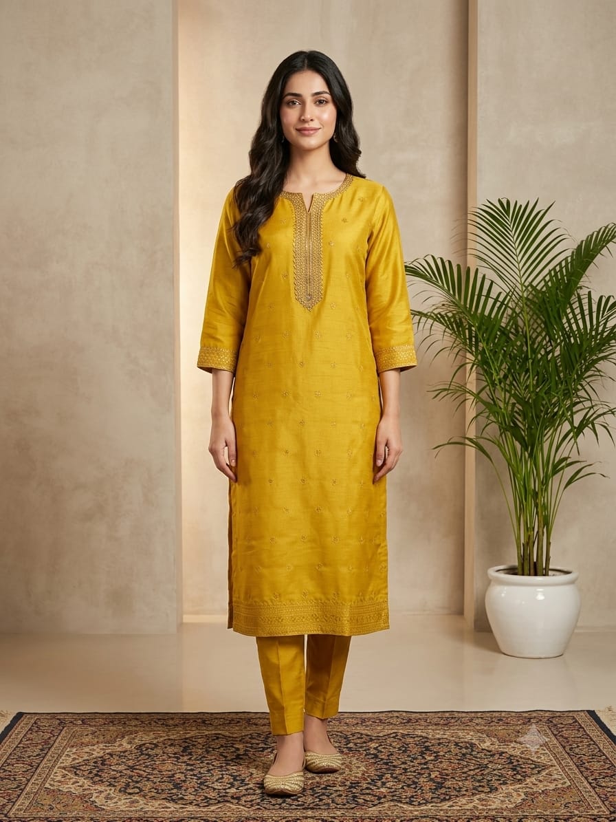DUPATTA SET Yellow, Golden Neck Emb.