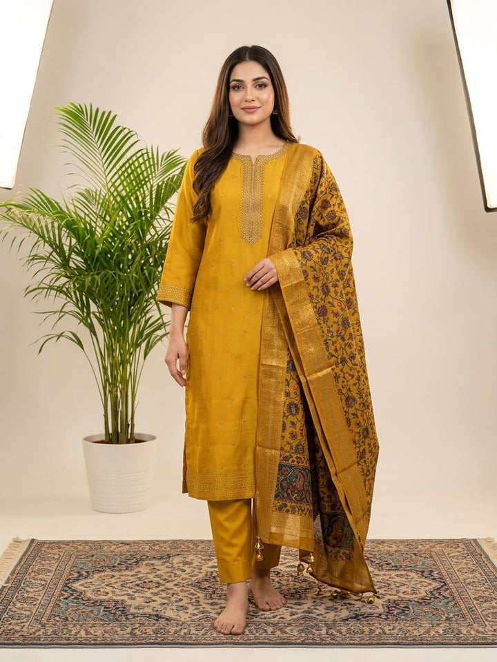 DUPATTA SET Yellow, Golden Neck Emb.