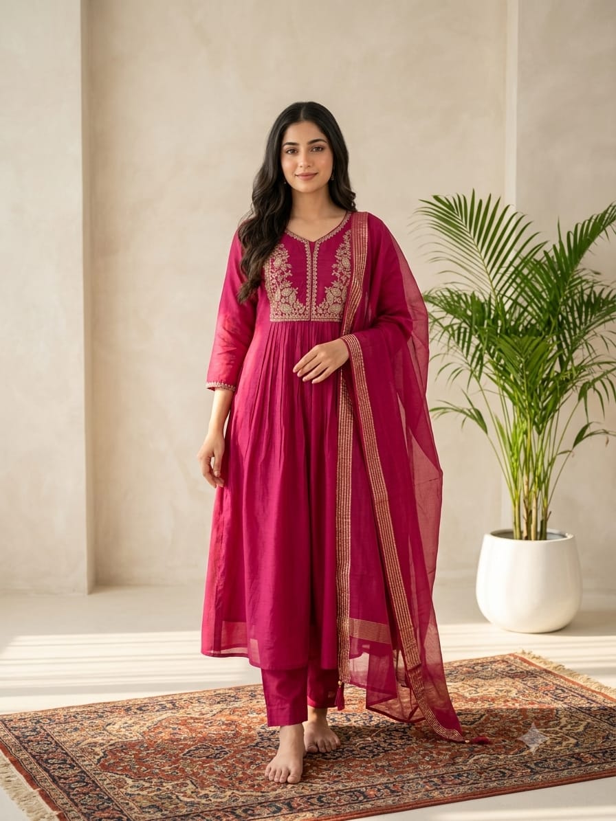 DUPATTA SET Magenta Golden Cut Beads