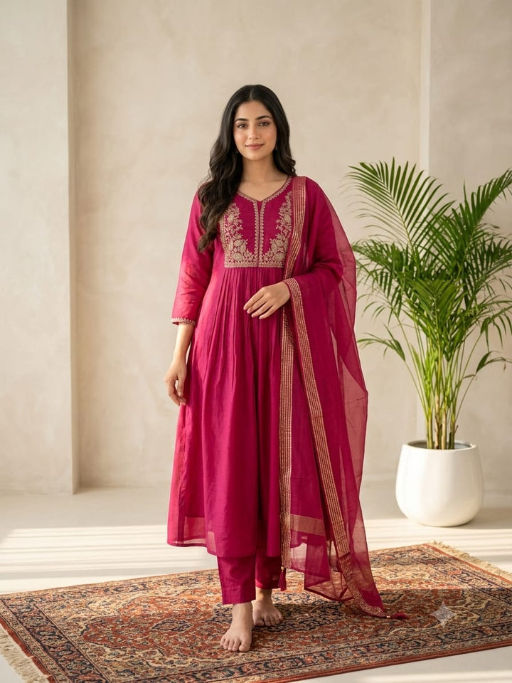 DUPATTA SET Magenta Golden Cut Beads